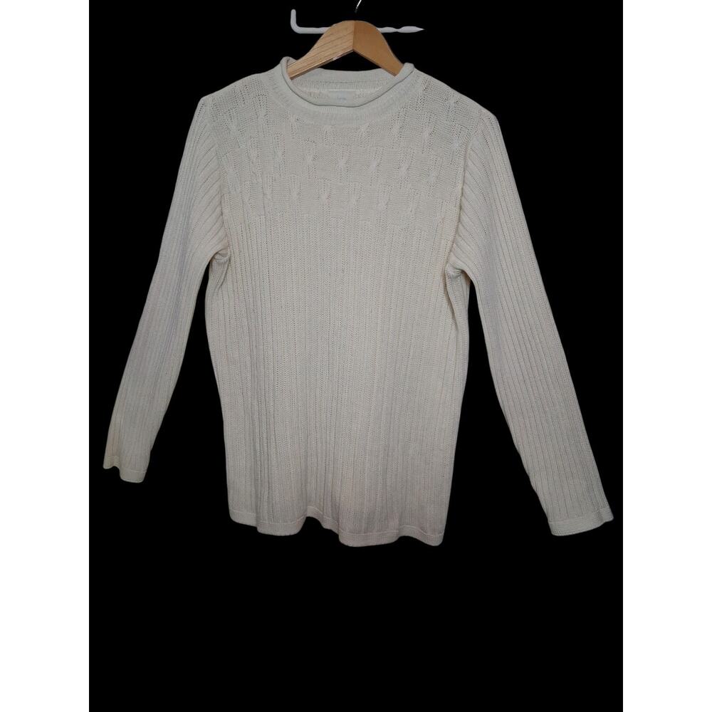 VTG Bobbie Brooks Cream Fisherman Sweater Cable Knit Roll Neck XL Coastal